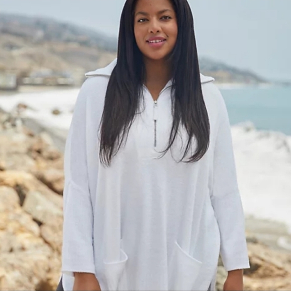 NWT Barefoot Dreams CozyChic Lite Half Zip Rolled Edge Tunic Sea Salt Soft S/M - Picture 2 of 13